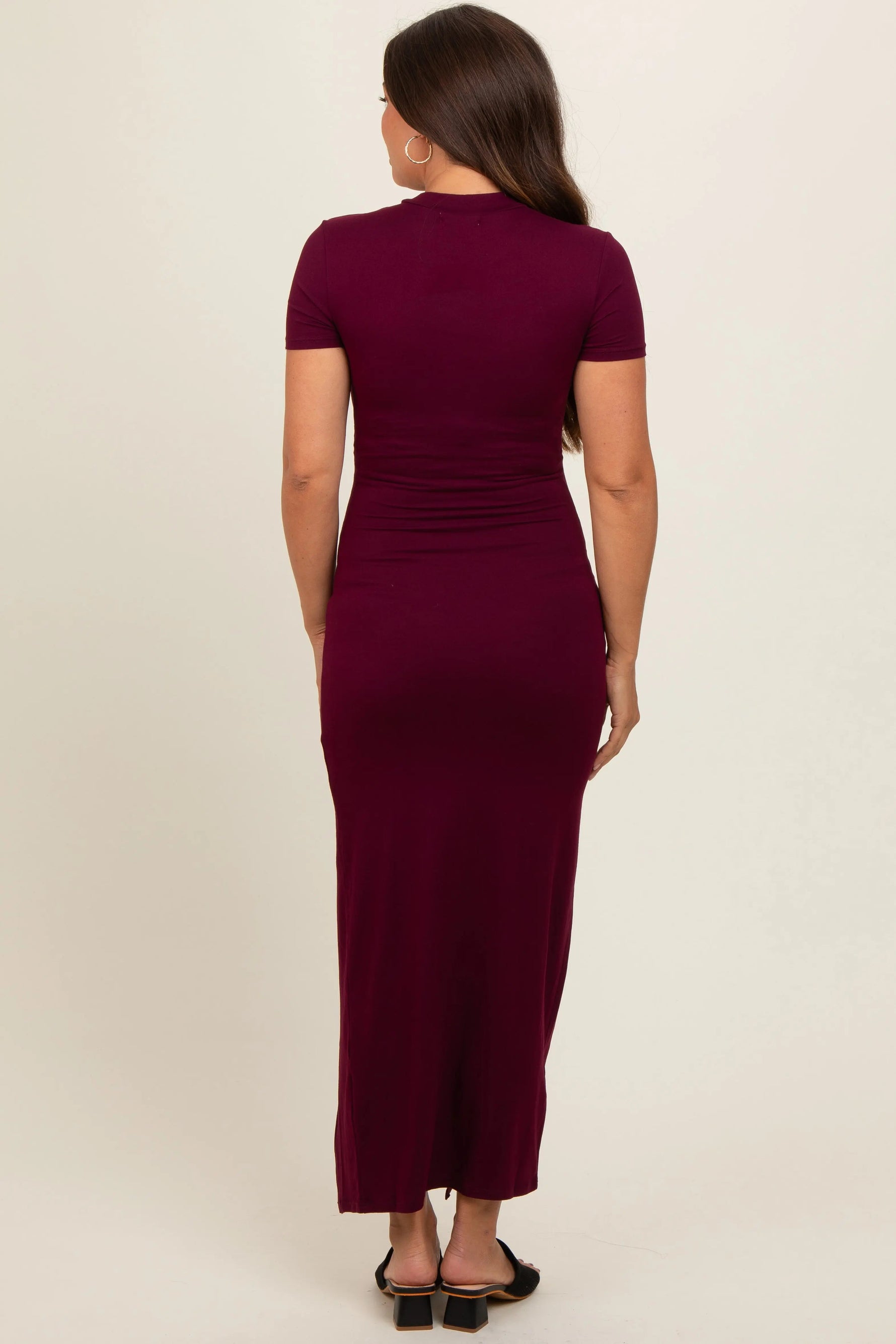 PinkBlush Burgundy Mock Neck Front Slit Short Sleeve Maternity Maxi Dress - 