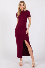PinkBlush Burgundy Mock Neck Front Slit Short Sleeve Maternity Maxi Dress - 