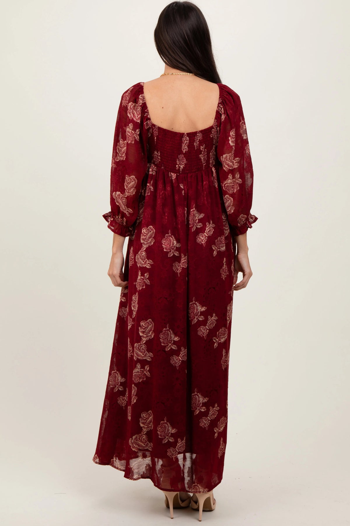PinkBlush Burgundy Multi Floral Textured Peasant Babydoll Maxi Dress - 