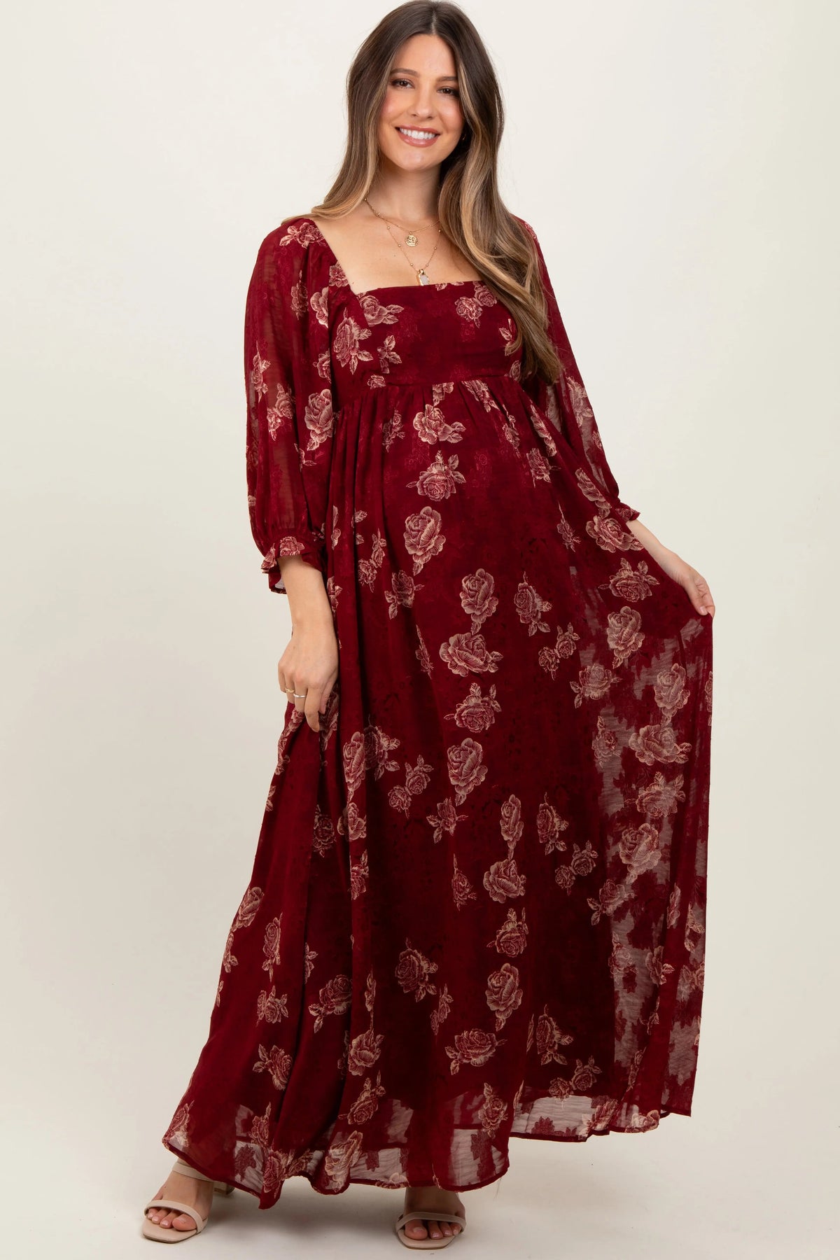PinkBlush Burgundy Multi Floral Textured Peasant Babydoll Maxi Dress - 