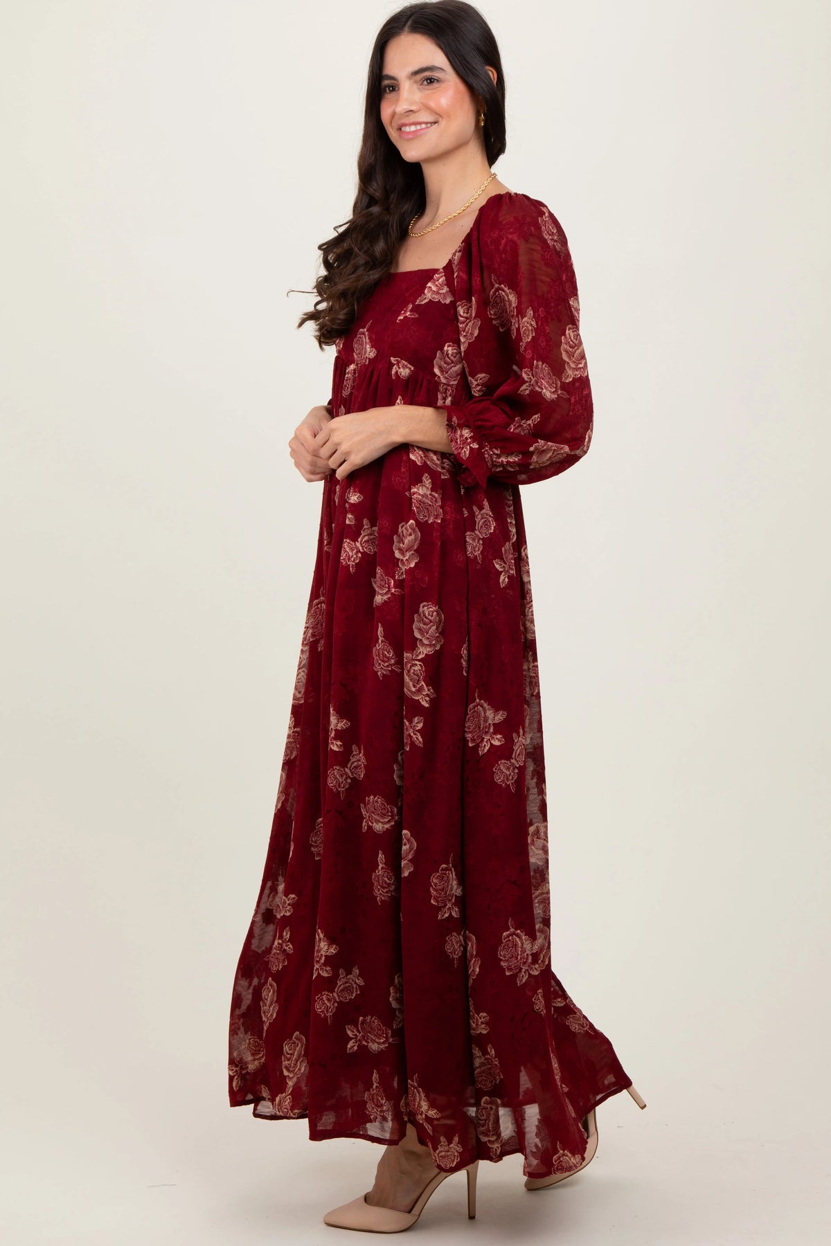PinkBlush Burgundy Multi Floral Textured Peasant Babydoll Maxi Dress - 