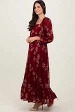 PinkBlush Burgundy Multi Floral Textured Peasant Babydoll Maxi Dress - 