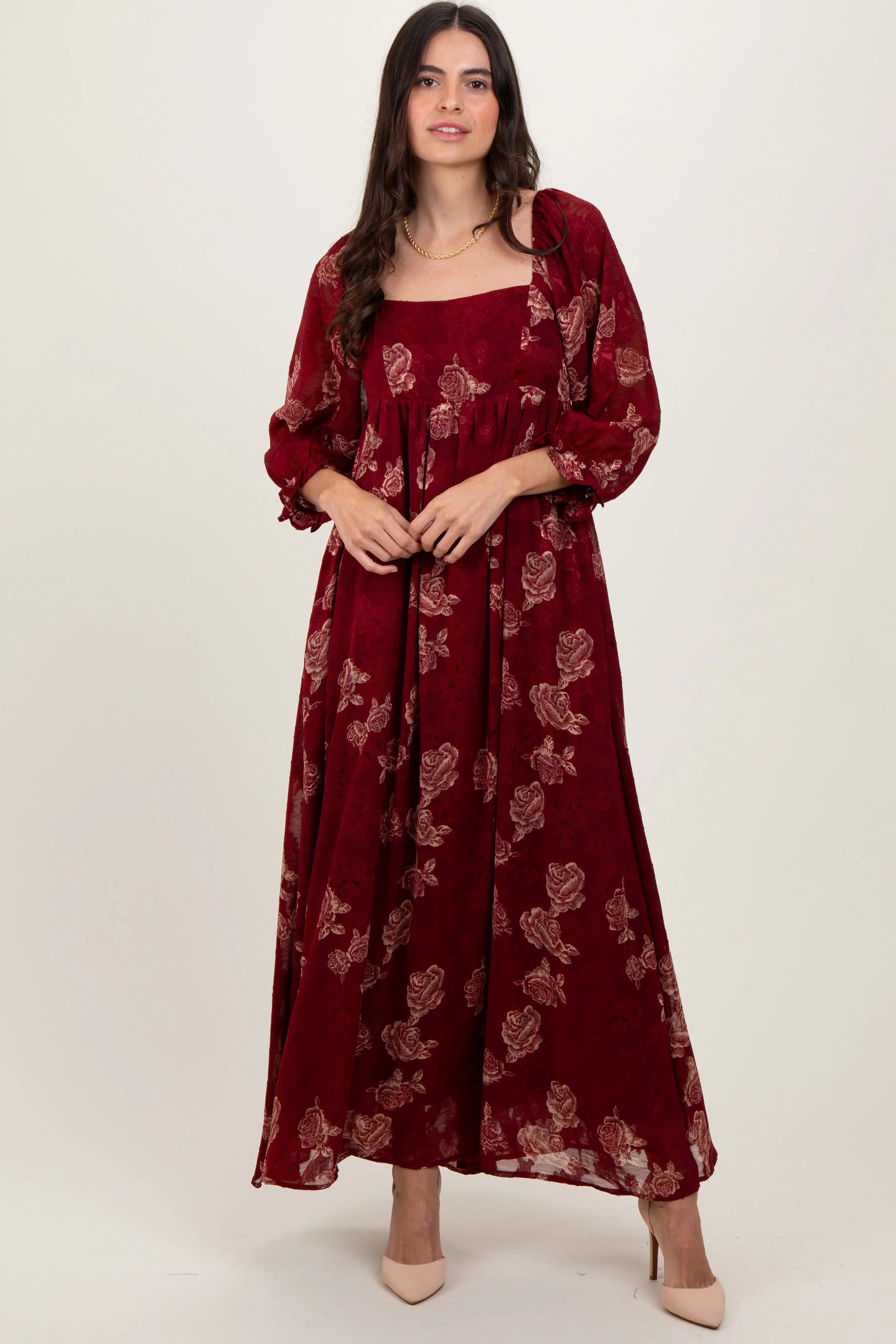 PinkBlush Burgundy Multi Floral Textured Peasant Babydoll Maxi Dress - 