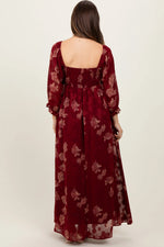 PinkBlush Burgundy Multi Floral Textured Peasant Babydoll Maxi Dress - 