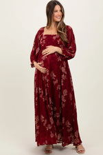 PinkBlush Burgundy Multi Floral Textured Peasant Babydoll Maxi Dress - 