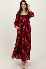 PinkBlush Burgundy Multi Floral Textured Peasant Babydoll Maxi Dress - 