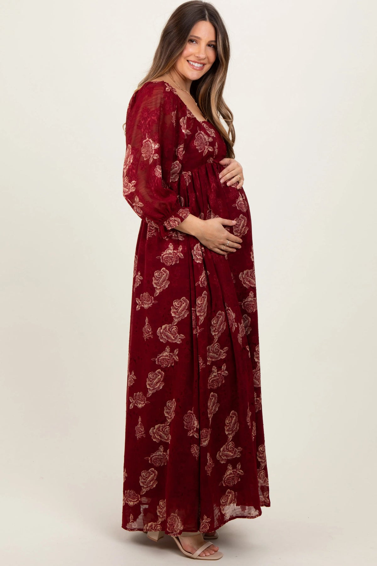 PinkBlush Burgundy Multi Floral Textured Peasant Babydoll Maxi Dress - 