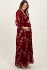 PinkBlush Burgundy Multi Floral Textured Peasant Babydoll Maxi Dress - 