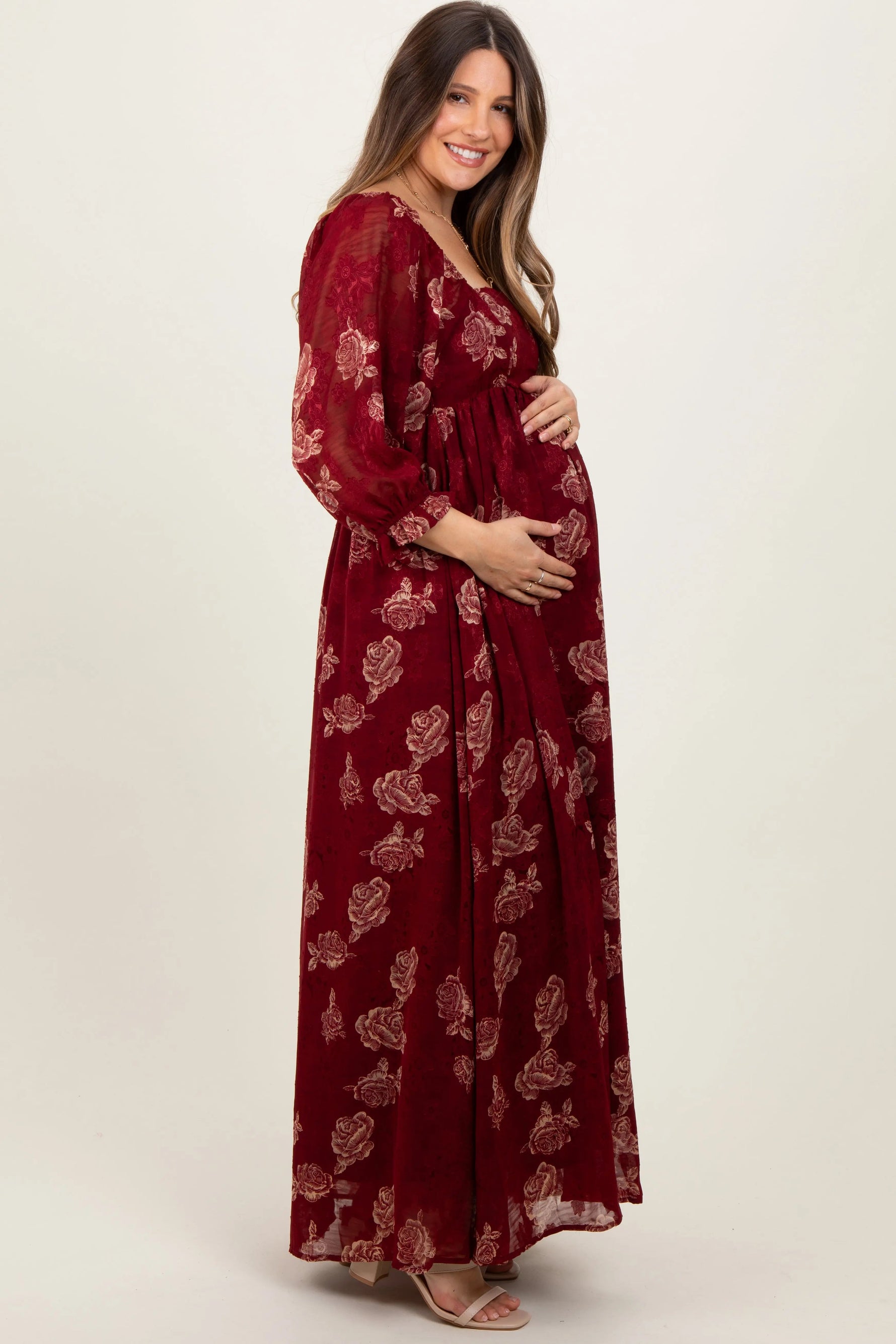 PinkBlush Burgundy Multi Floral Textured Peasant Babydoll Maxi Dress - 