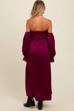 PinkBlush Burgundy Off Shoulder Satin Pleated Bodice Maternity Maxi Dress - 