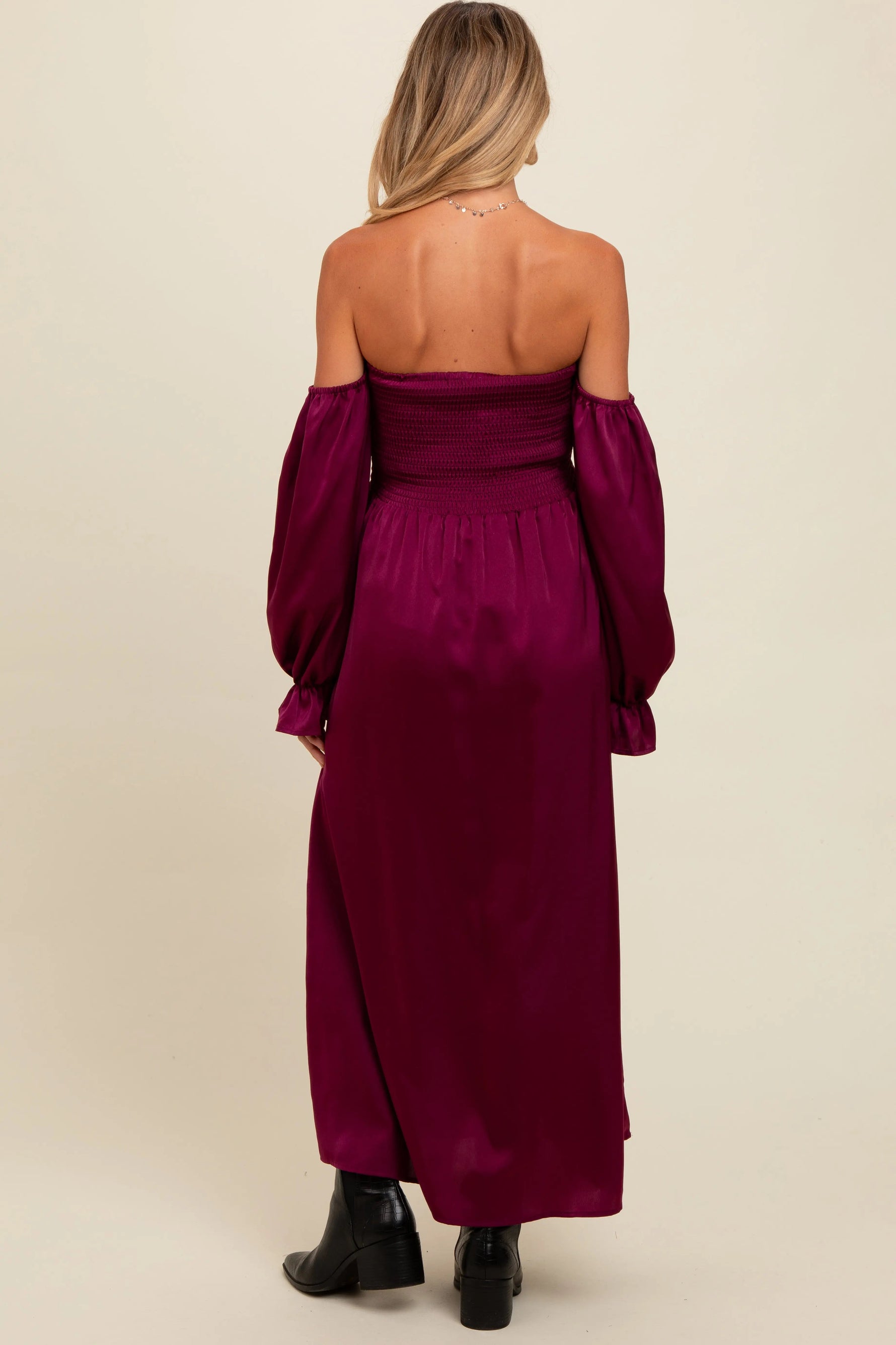 PinkBlush Burgundy Off Shoulder Satin Pleated Bodice Maternity Maxi Dress - 