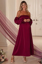 PinkBlush Burgundy Off Shoulder Satin Pleated Bodice Maternity Maxi Dress - 
