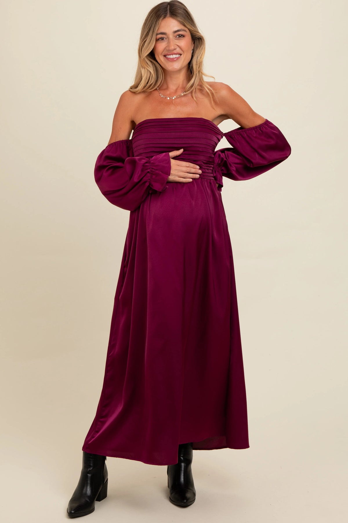 PinkBlush Burgundy Off Shoulder Satin Pleated Bodice Maternity Maxi Dress - 