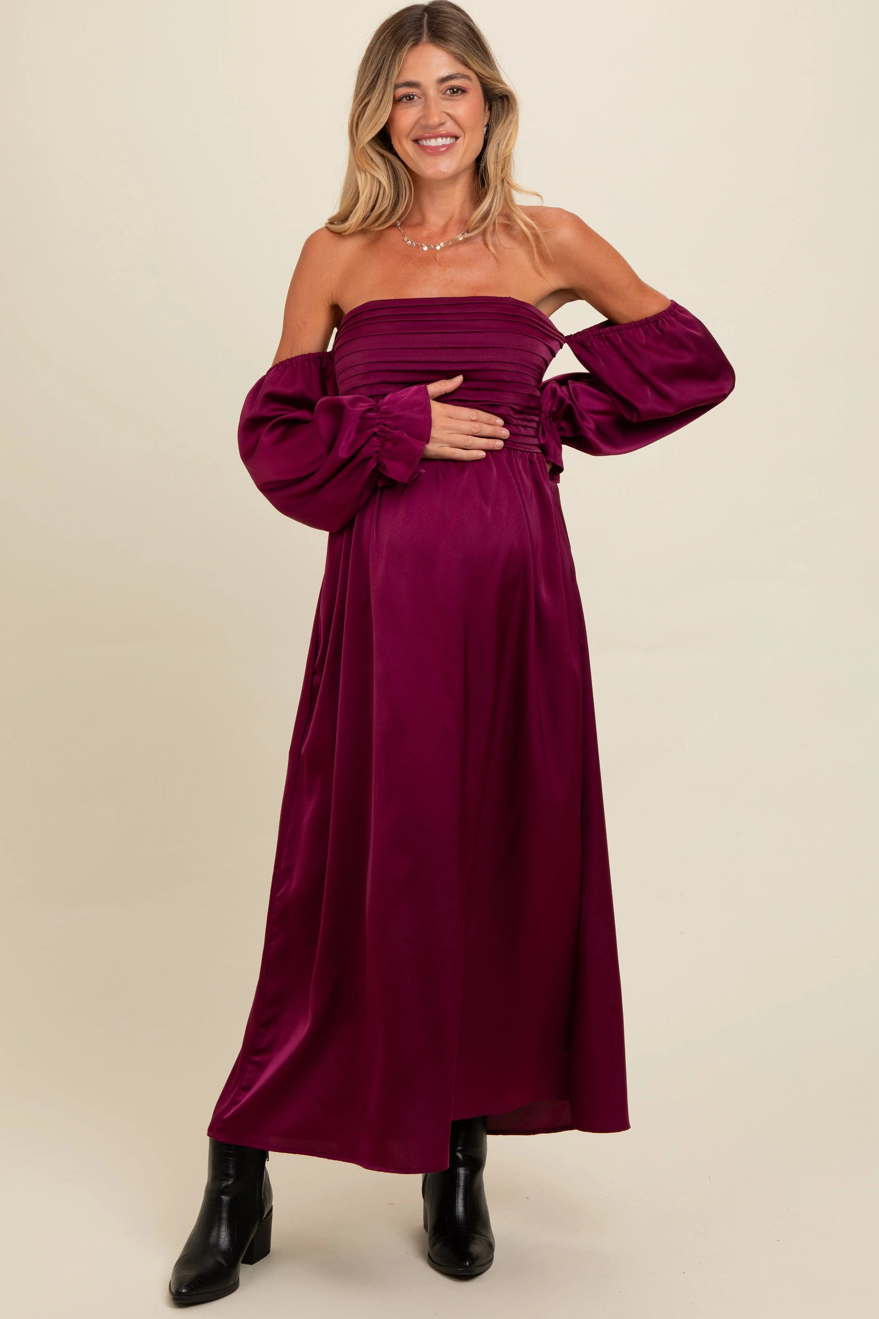PinkBlush Burgundy Off Shoulder Satin Pleated Bodice Maternity Maxi Dress - 