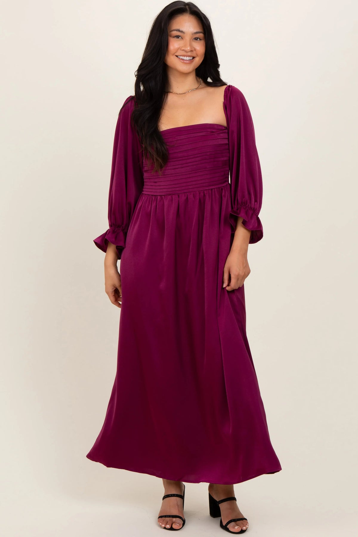 PinkBlush Burgundy Off Shoulder Satin Pleated Bodice Maternity Maxi Dress - 