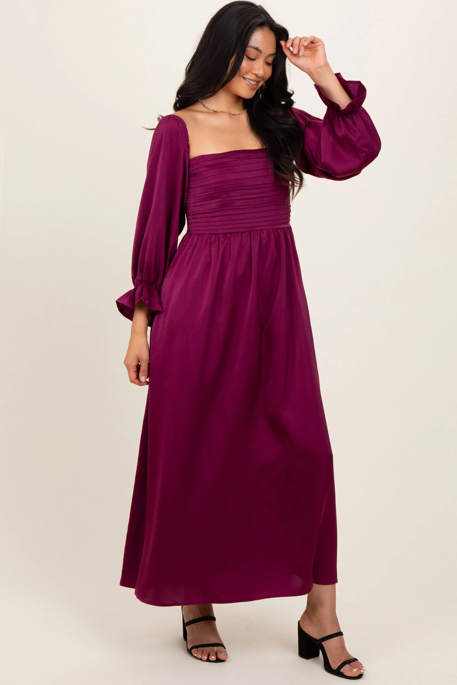 PinkBlush Burgundy Off Shoulder Satin Pleated Bodice Maxi Dress - 