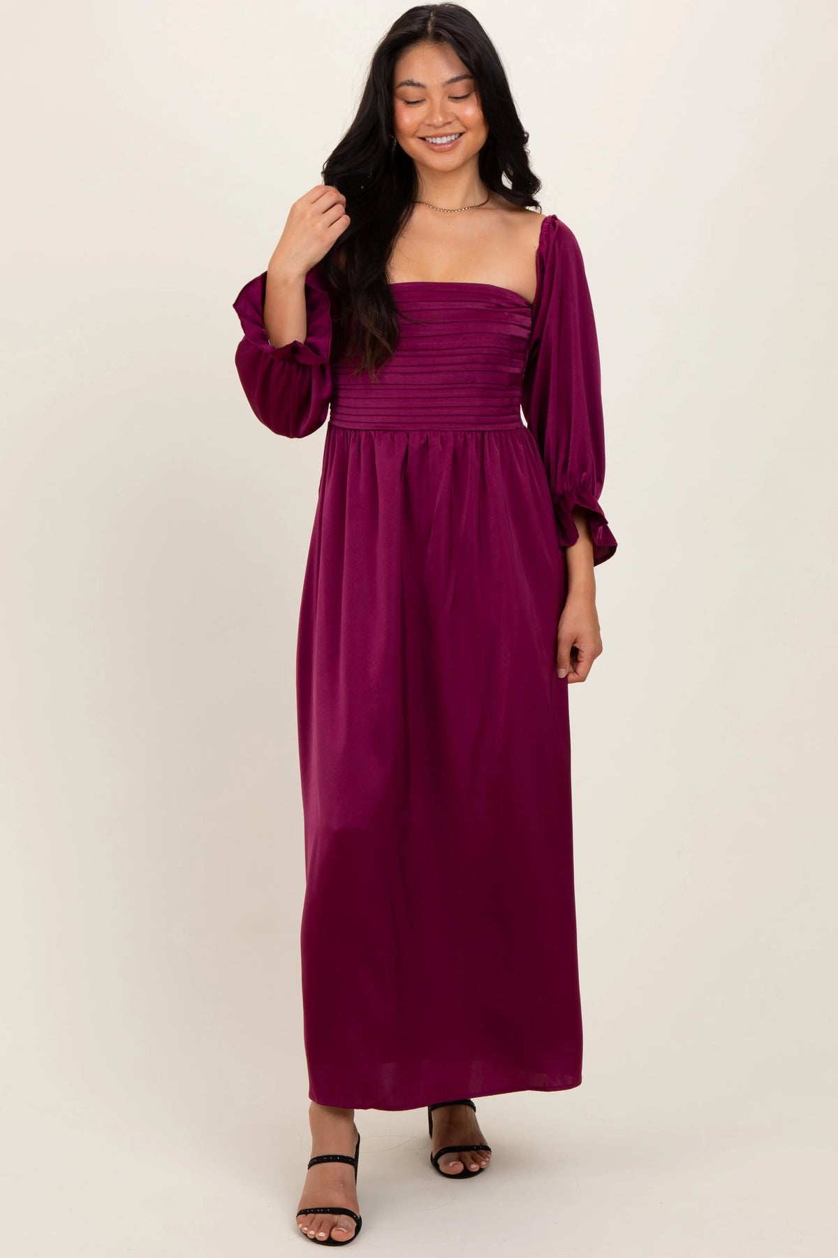 PinkBlush Burgundy Off Shoulder Satin Pleated Bodice Maxi Dress - 