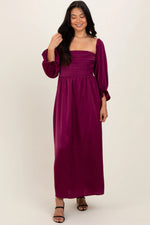 PinkBlush Burgundy Off Shoulder Satin Pleated Bodice Maxi Dress - 
