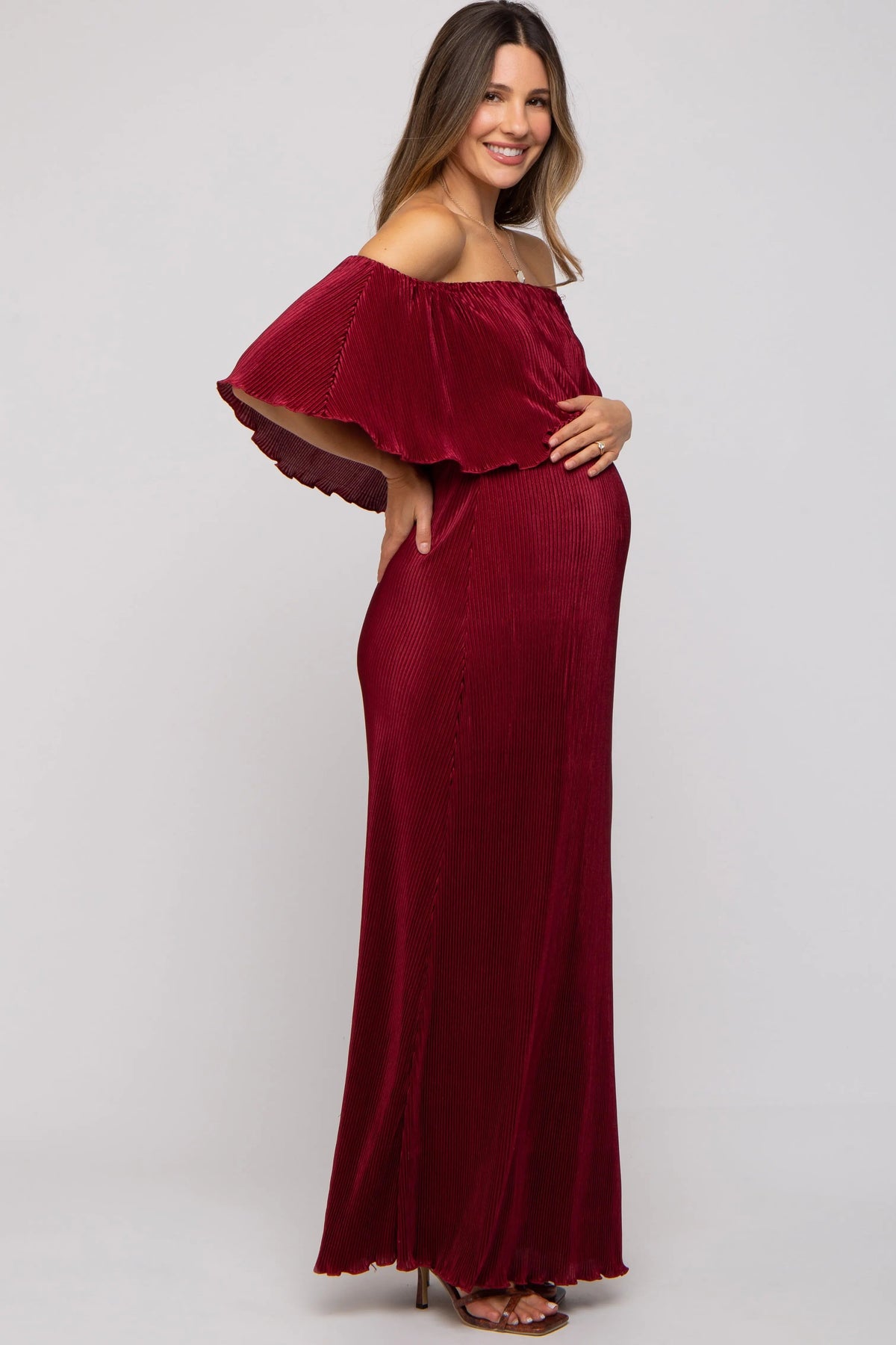 PinkBlush Burgundy Pleated Ruffle Off Shoulder Maternity Maxi Dress - 