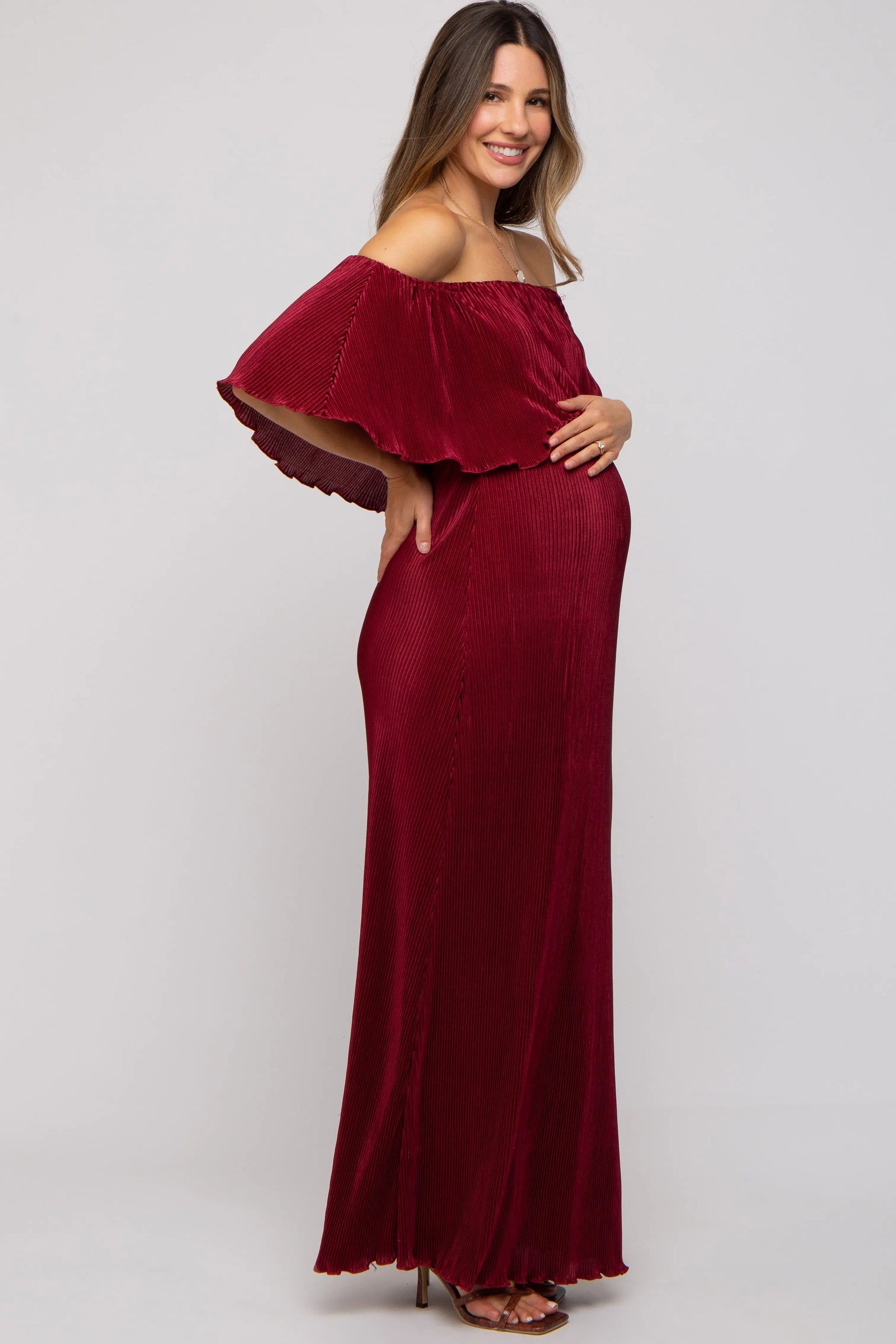 PinkBlush Burgundy Pleated Ruffle Off Shoulder Maternity Maxi Dress - 