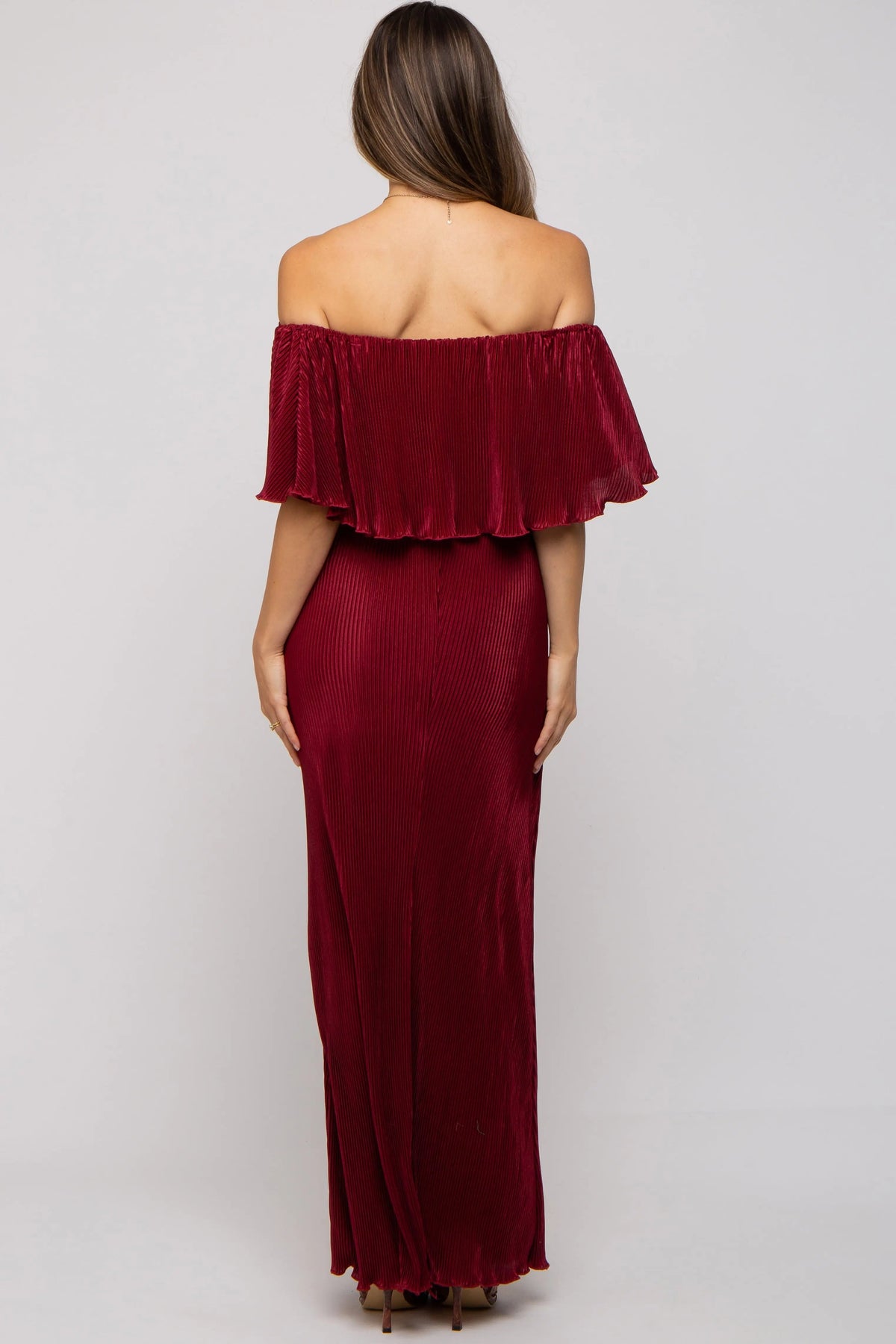 PinkBlush Burgundy Pleated Ruffle Off Shoulder Maternity Maxi Dress - 