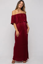 PinkBlush Burgundy Pleated Ruffle Off Shoulder Maternity Maxi Dress - 