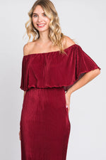 PinkBlush Burgundy Pleated Ruffle Off Shoulder Maxi Dress - 
