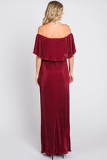 PinkBlush Burgundy Pleated Ruffle Off Shoulder Maxi Dress - 