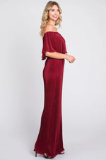 PinkBlush Burgundy Pleated Ruffle Off Shoulder Maxi Dress - 