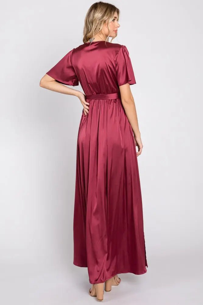 PinkBlush Burgundy Satin Wrap Nursing Dress - 