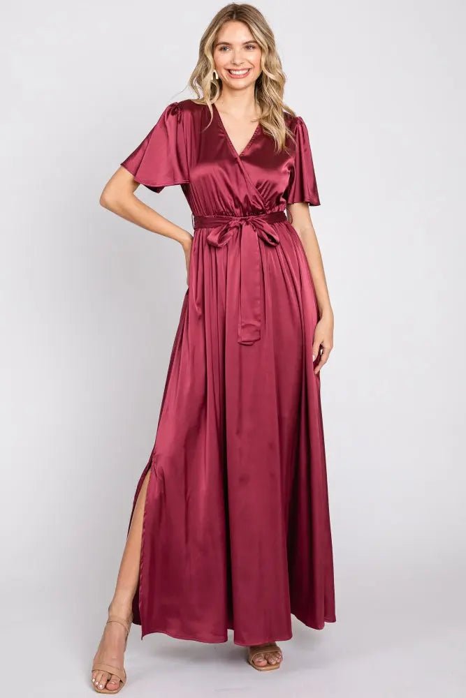 Burgundy Satin Wrap Nursing Dress - Dress, Fashion, Textile, One-piece garment, Gown | Everetts Place