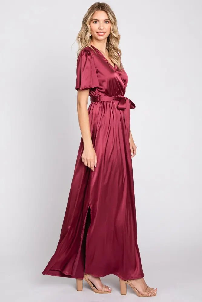 PinkBlush Burgundy Satin Wrap Nursing Dress - 