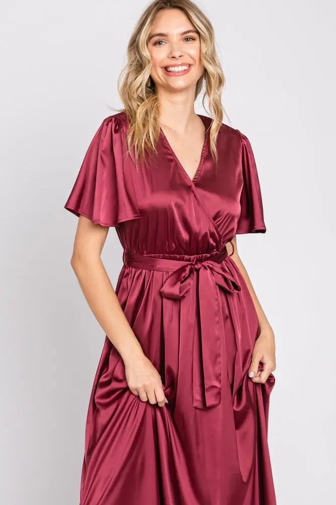 PinkBlush Burgundy Satin Wrap Nursing Dress - 