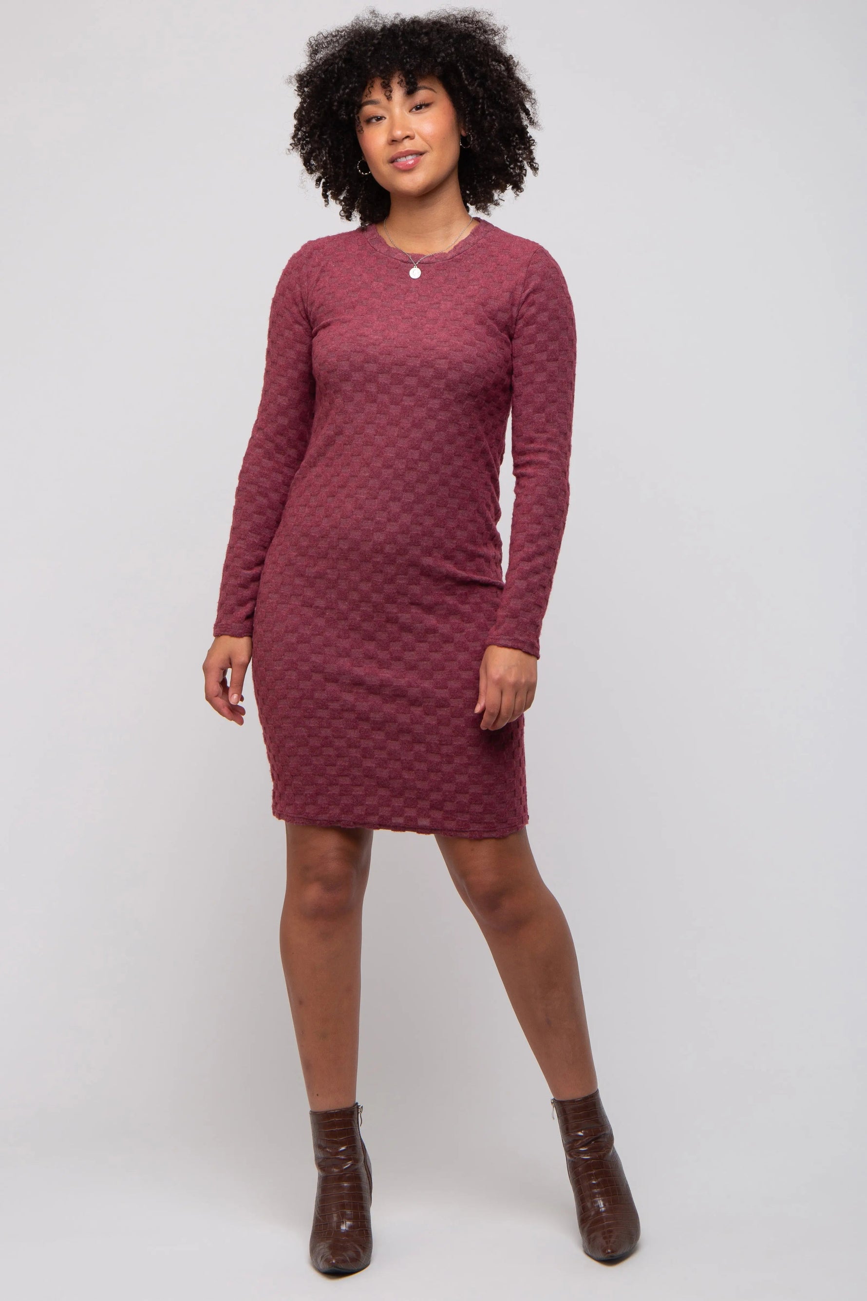 PinkBlush Burgundy Soft Brushed Knit Long Sleeve Dress - 
