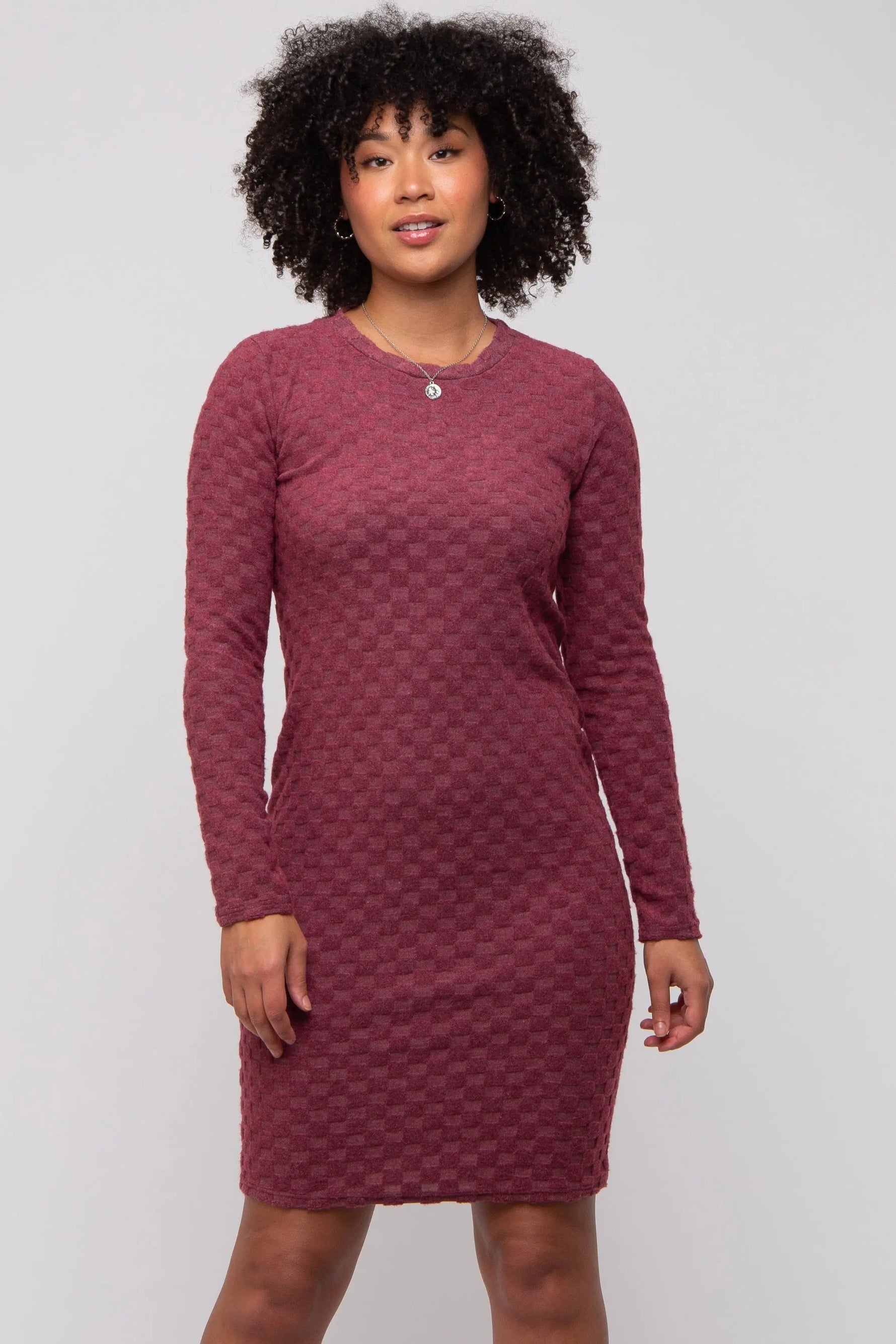 PinkBlush Burgundy Soft Brushed Knit Long Sleeve Dress - 