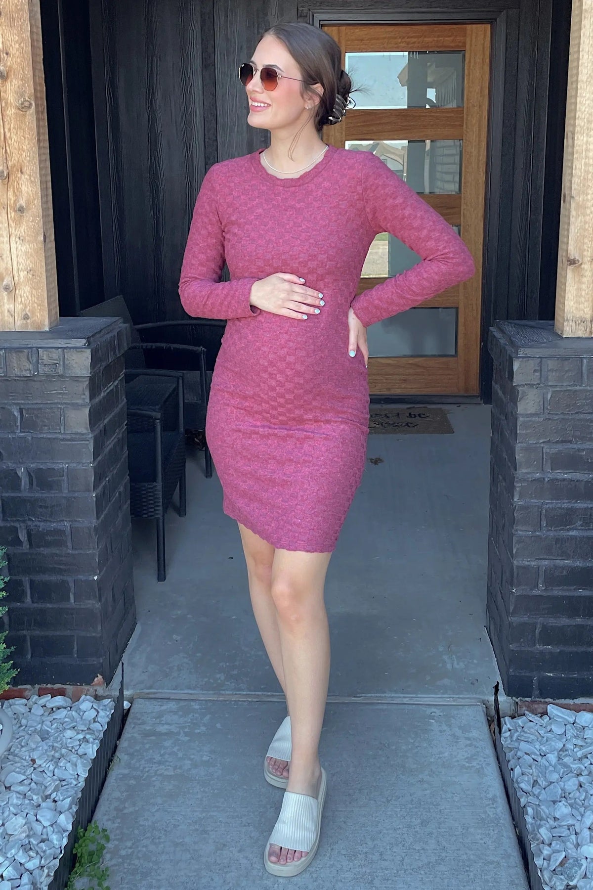 PinkBlush Burgundy Soft Brushed Knit Long Sleeve Maternity Dress - 