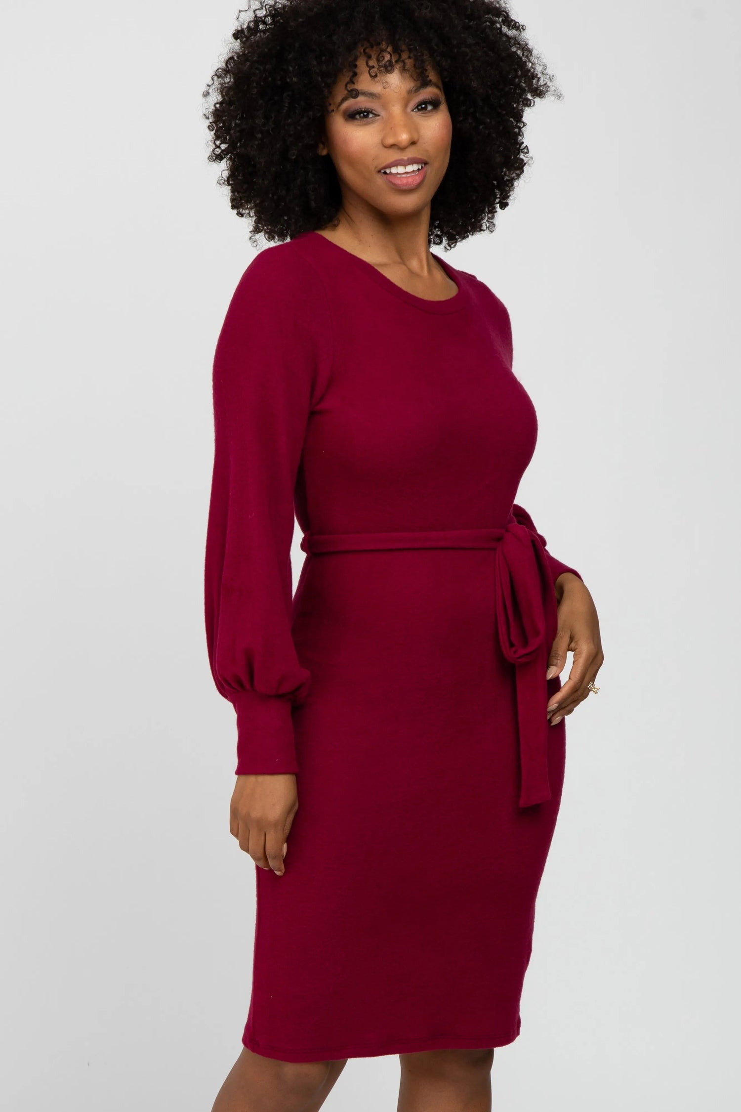 PinkBlush Burgundy Soft Brushed Waist Tie Bubble Sleeve Dress - 