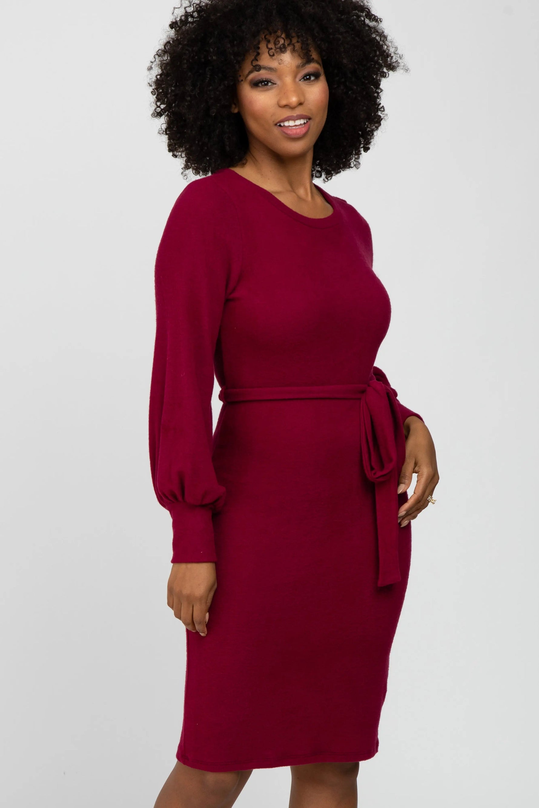PinkBlush Burgundy Soft Brushed Waist Tie Bubble Sleeve Dress - 