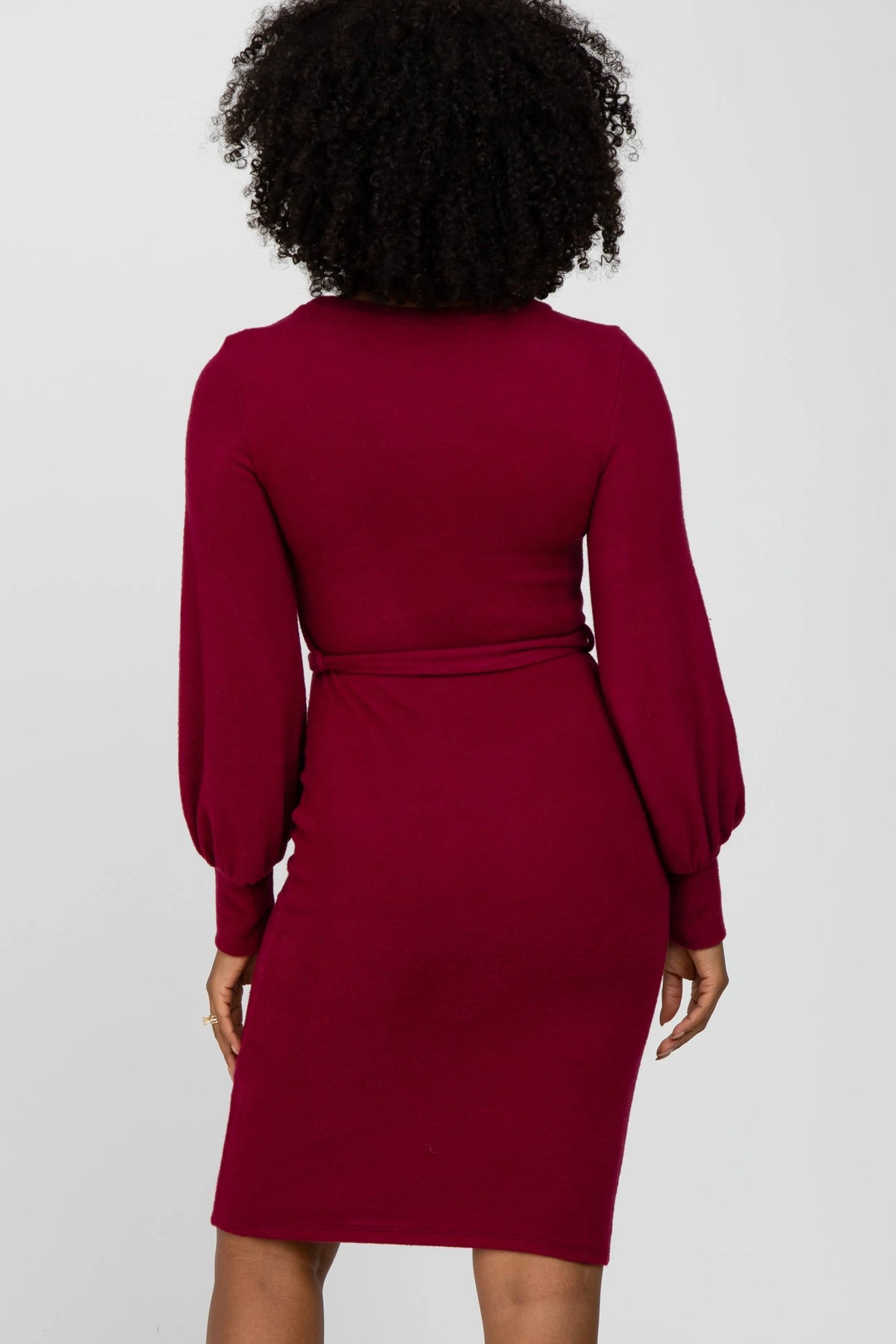 PinkBlush Burgundy Soft Brushed Waist Tie Bubble Sleeve Dress - 