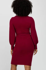 PinkBlush Burgundy Soft Brushed Waist Tie Bubble Sleeve Dress - 