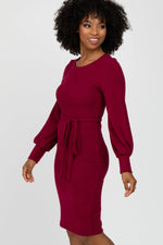PinkBlush Burgundy Soft Brushed Waist Tie Bubble Sleeve Dress - 