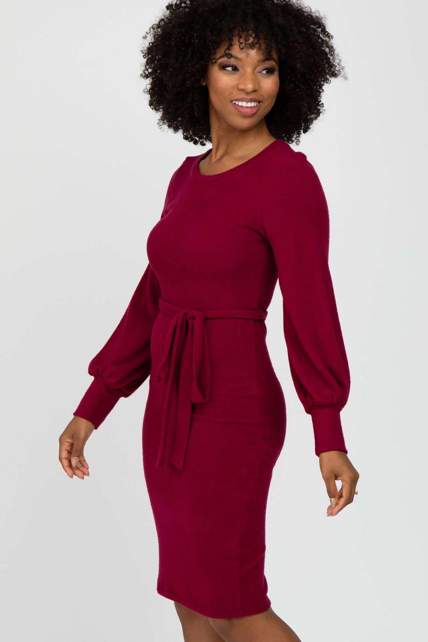 PinkBlush Burgundy Soft Brushed Waist Tie Bubble Sleeve Dress - 