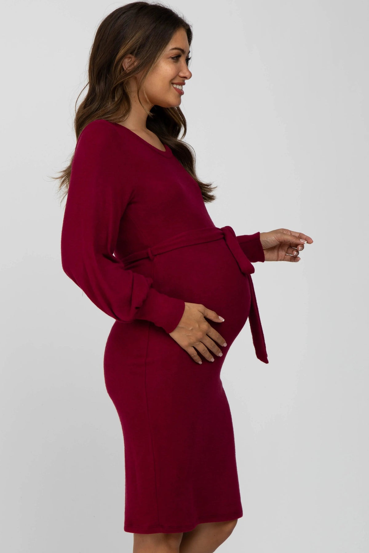 PinkBlush Burgundy Soft Brushed Waist Tie Bubble Sleeve Maternity Dress - 