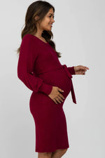 PinkBlush Burgundy Soft Brushed Waist Tie Bubble Sleeve Maternity Dress - 