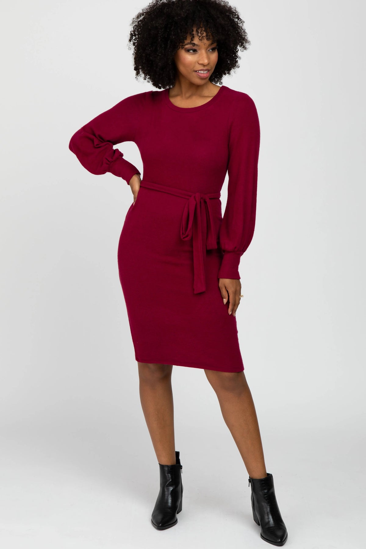 PinkBlush Burgundy Soft Brushed Waist Tie Bubble Sleeve Maternity Dress - 