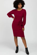 PinkBlush Burgundy Soft Brushed Waist Tie Bubble Sleeve Maternity Dress - 