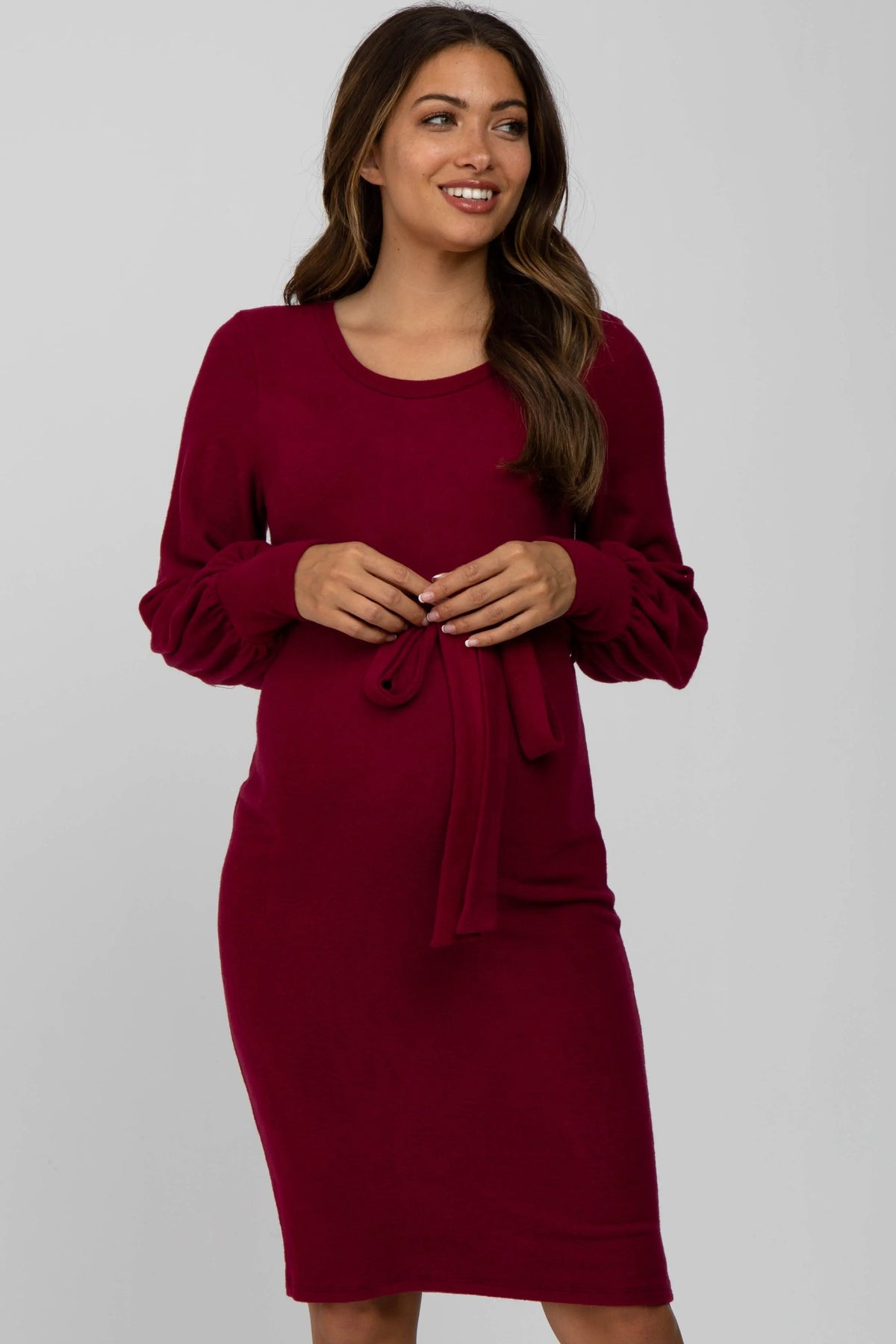 PinkBlush Burgundy Soft Brushed Waist Tie Bubble Sleeve Maternity Dress - 