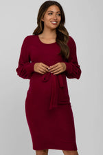 PinkBlush Burgundy Soft Brushed Waist Tie Bubble Sleeve Maternity Dress - 