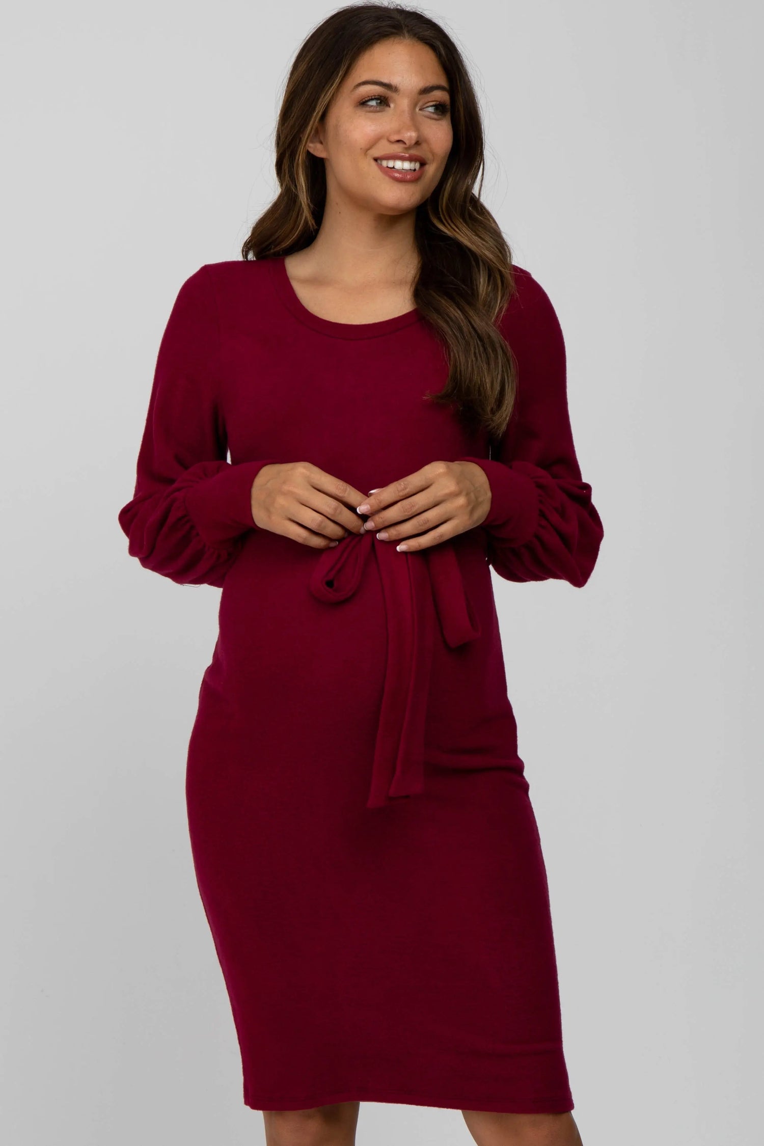Burgundy Soft Brushed Waist Tie Bubble Sleeve Maternity Dress - Sleeve, Shoulder, Fashion, One-piece garment, Dress | Everetts Place