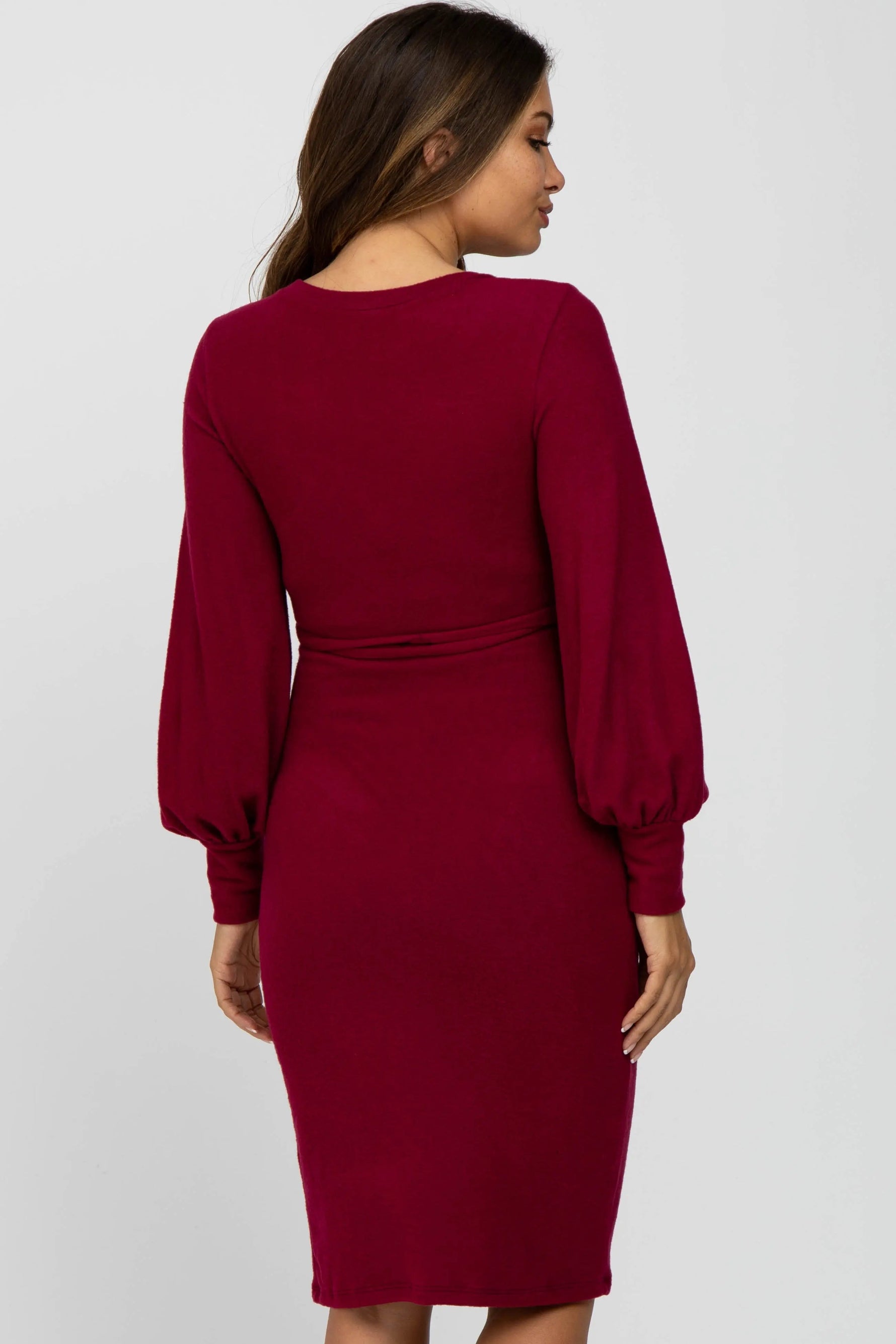 PinkBlush Burgundy Soft Brushed Waist Tie Bubble Sleeve Maternity Dress - 